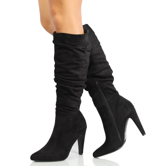 Black Faux Suede Slouchy Knee High Stiletto Boot - Picture 5 of 6